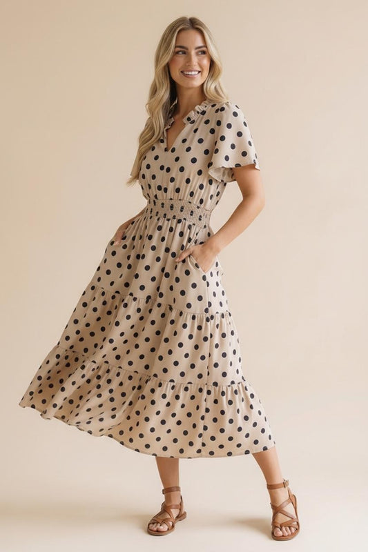 Polkadot Smocked Waist Tiered Maxi Dress