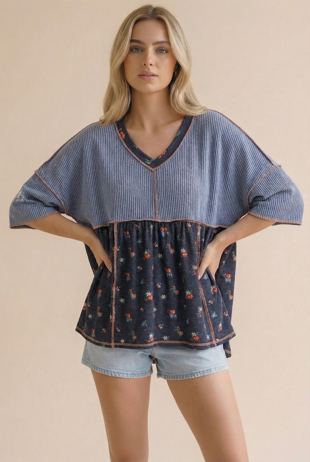 V Neck Babydoll Floral Print Color Block Top