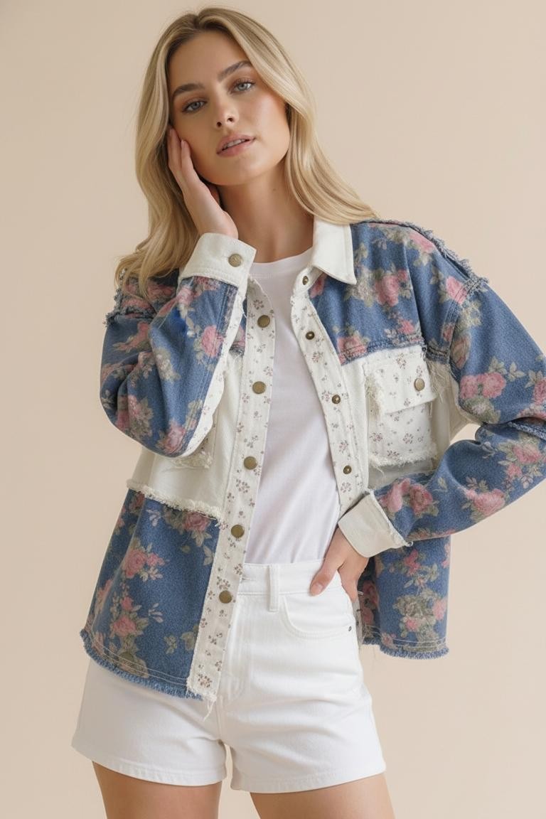 Washed Floral Color Block Denim Jacket