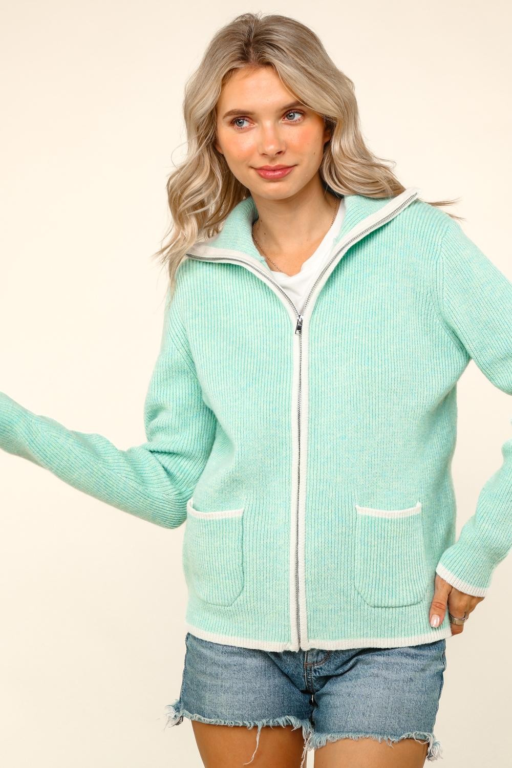 High Neck Zip Up Sweater Cardigan With Pocket