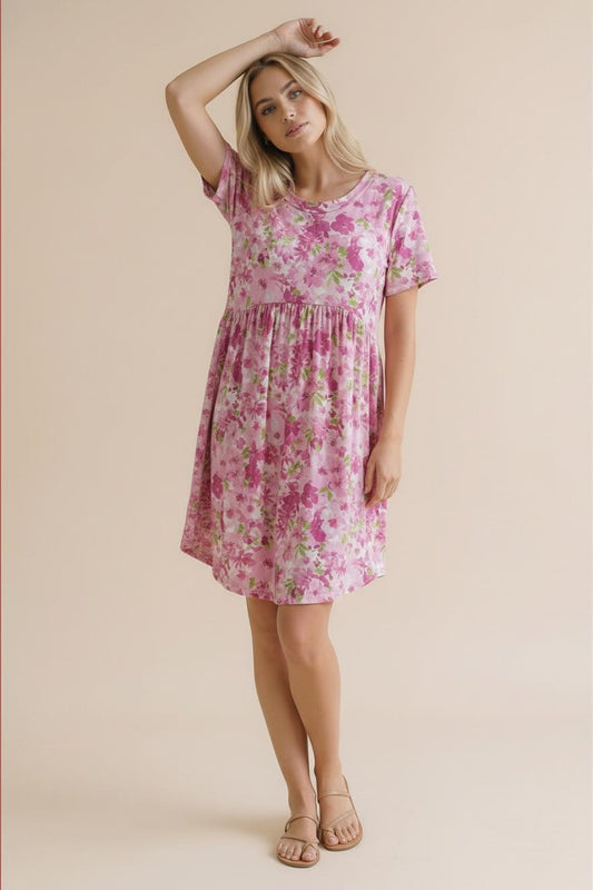 Round Neck Short Sleeve Babydoll Floral Dress