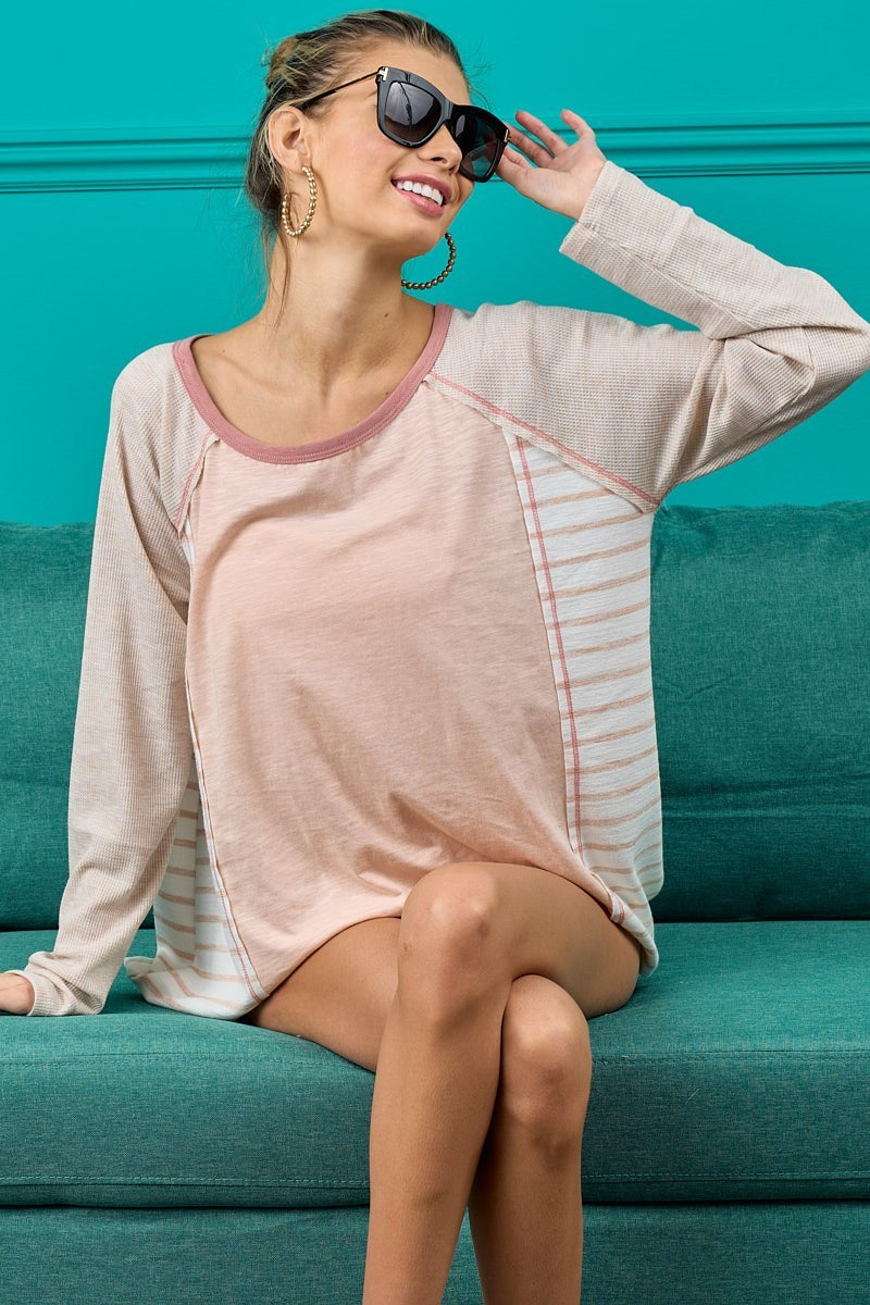 Cotton Slub Knit With Stripe Knit Block Top