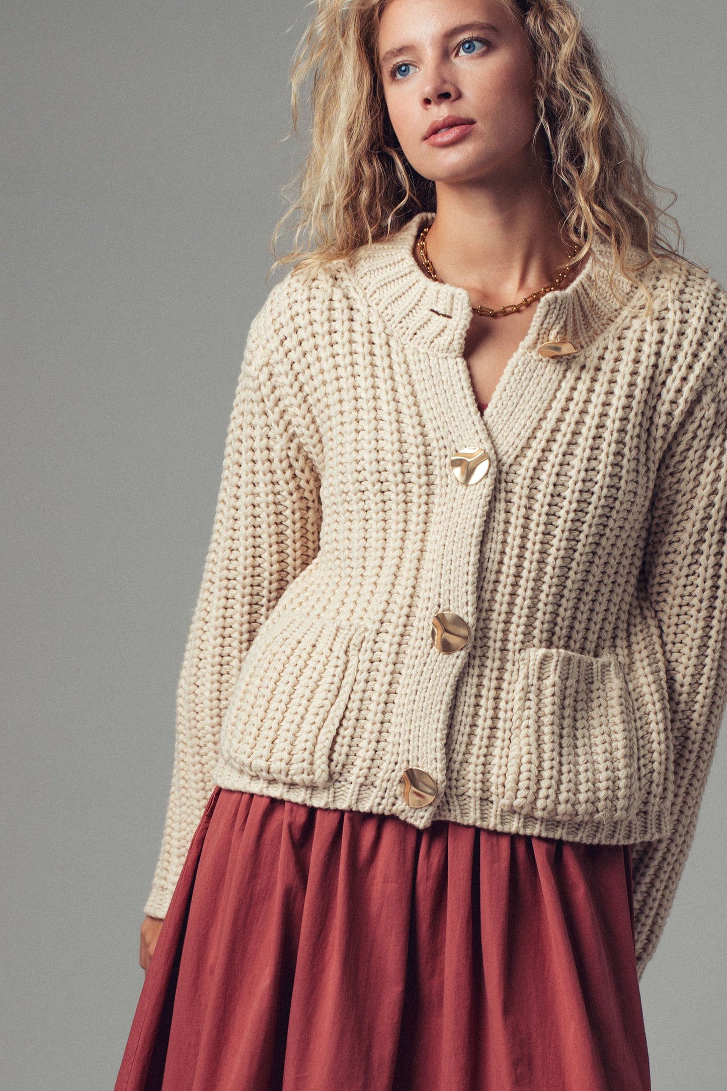 Chunky Knit Cardigan With Gold Buttons