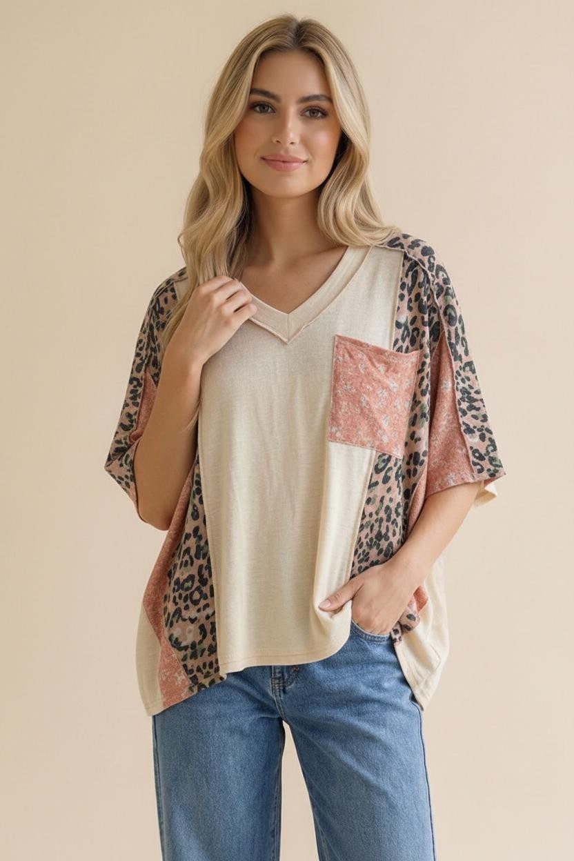 Floral Leopard Color Block Dolman Knit Top