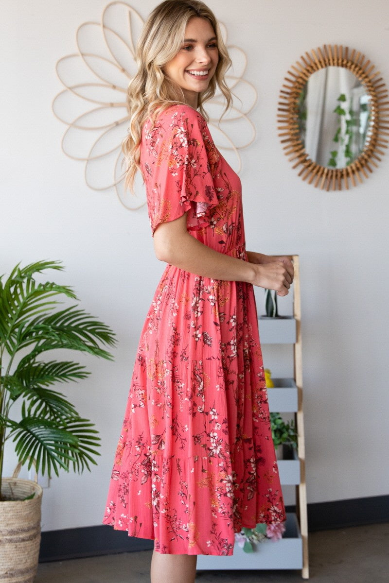Floral Shirred Tiered Midi Dress
