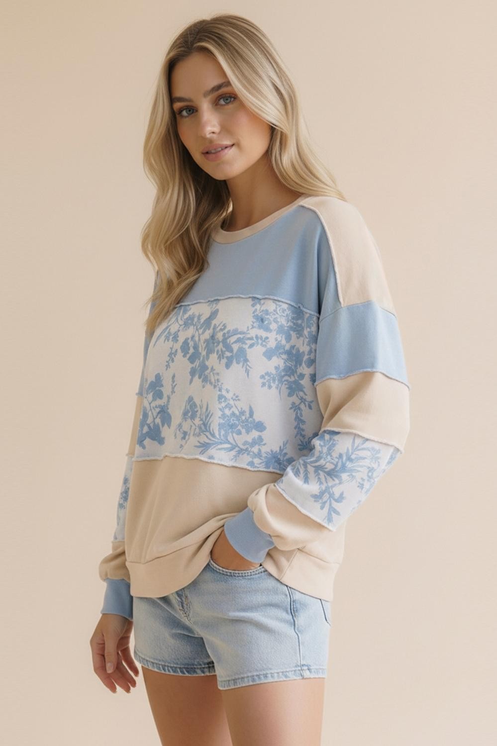 French Terry Floral Color Block Pullover Knit Top