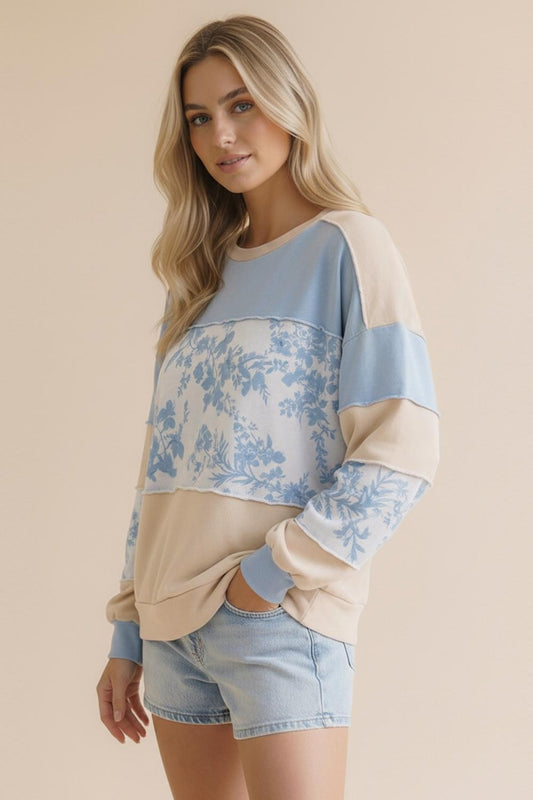 French Terry Floral Color Block Pullover Knit Top