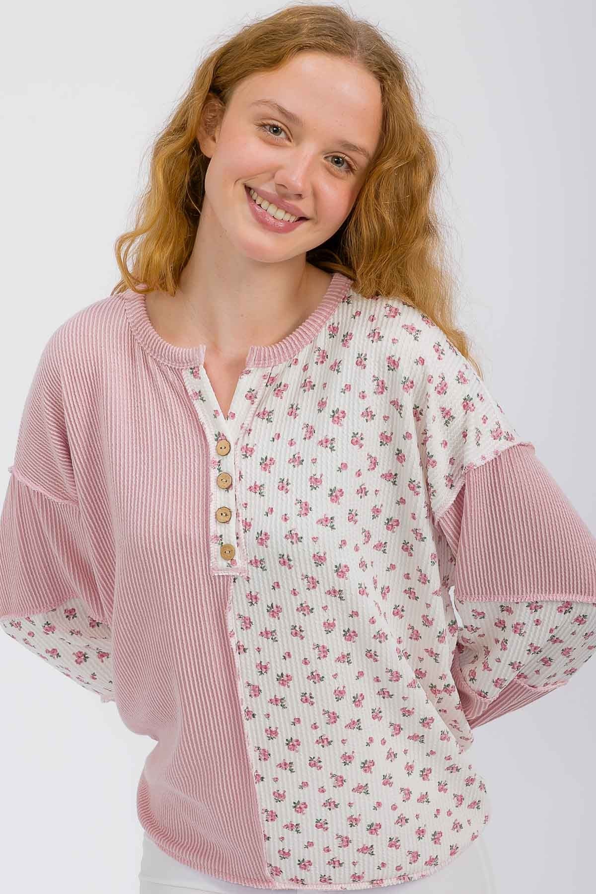 Floral Rib Patchwork Button Front Top