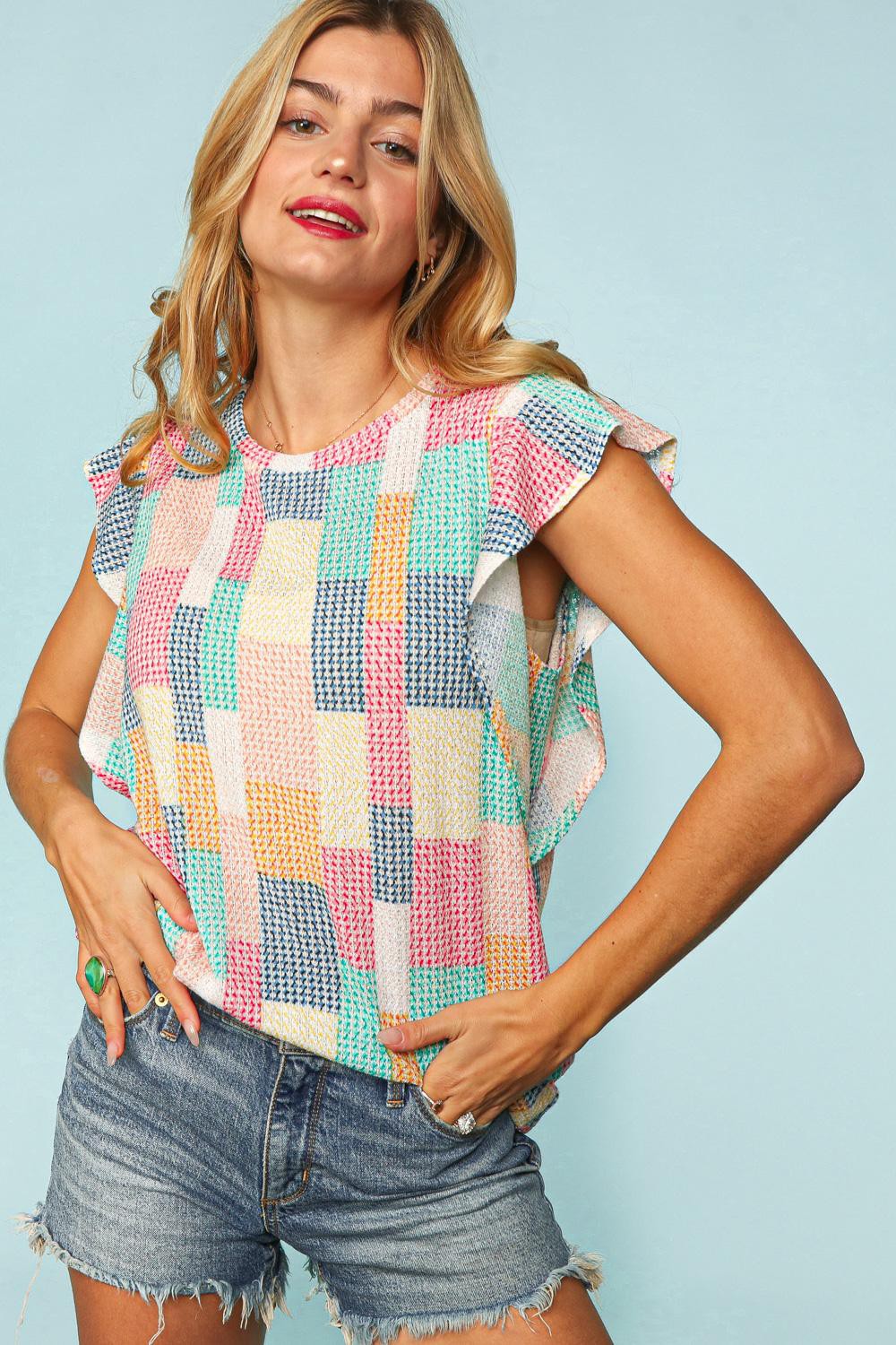 Curvy Multi Color Block Ruffle Short Sleeve Knit