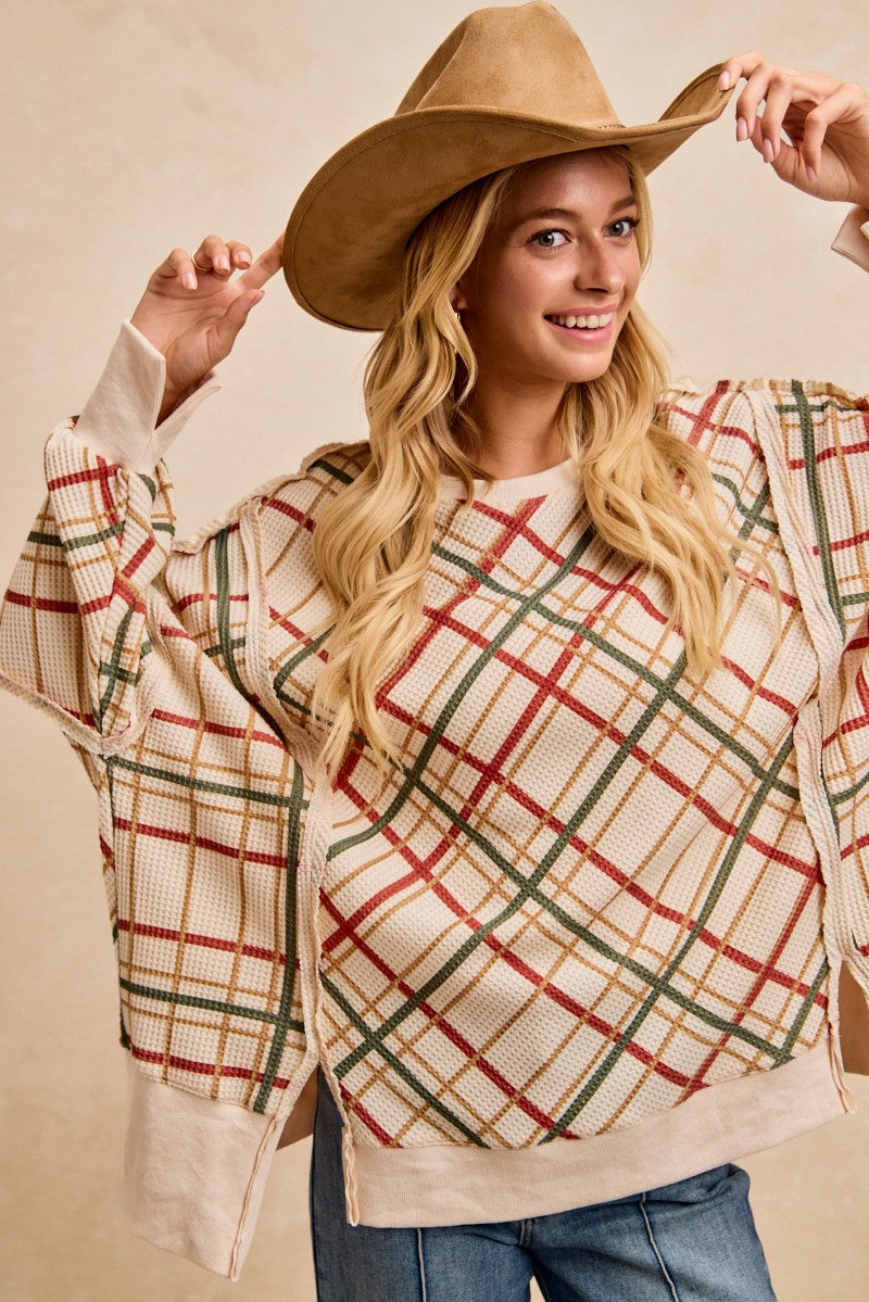 Christmas Plaid Print Waffle Sweatshirt Top
