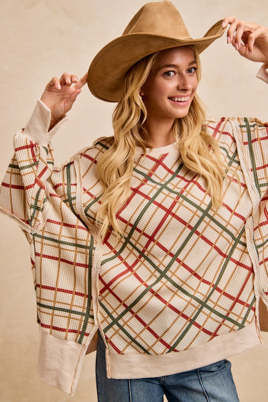 Christmas Plaid Print Waffle Sweatshirt Top