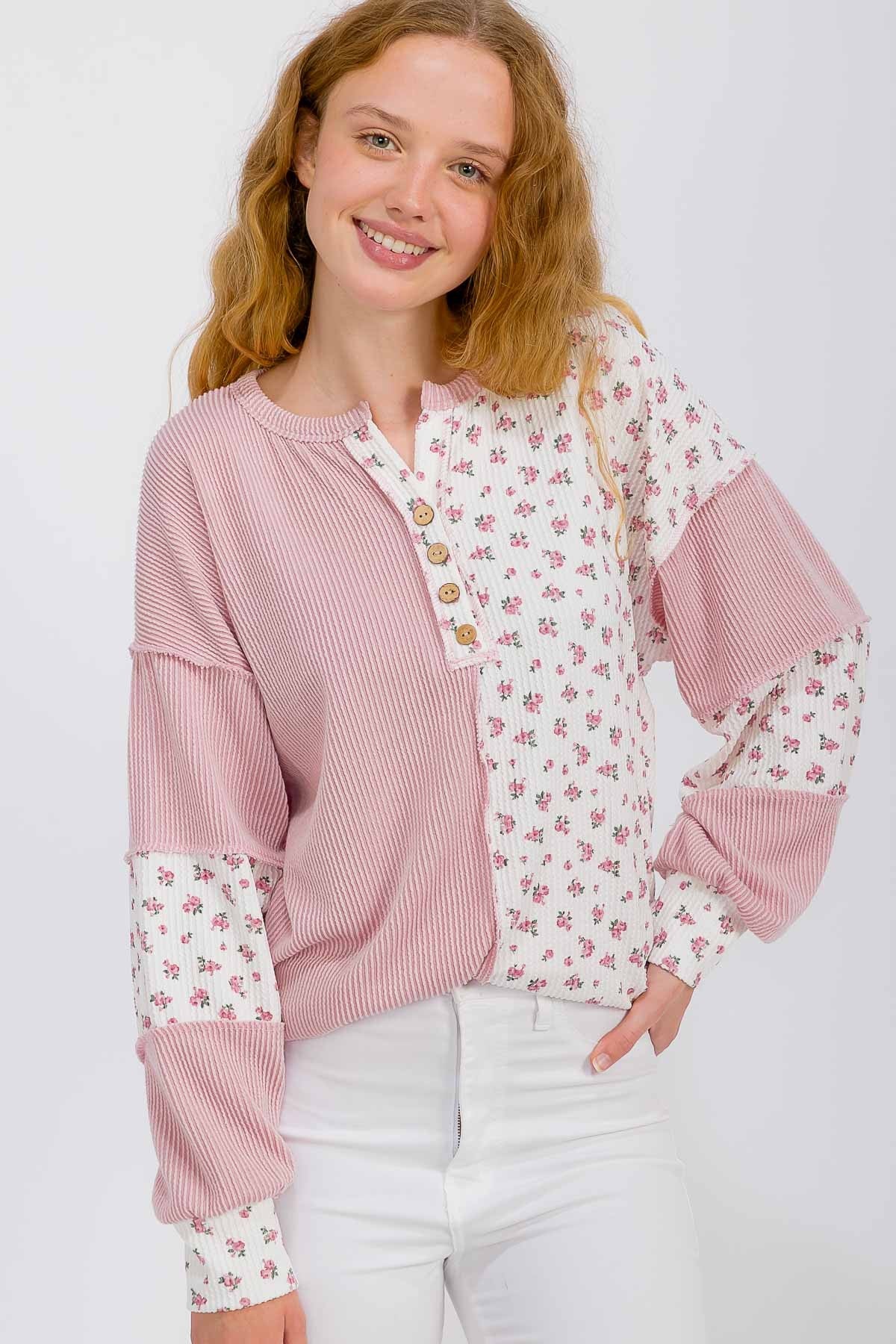 Floral Rib Patchwork Button Front Top