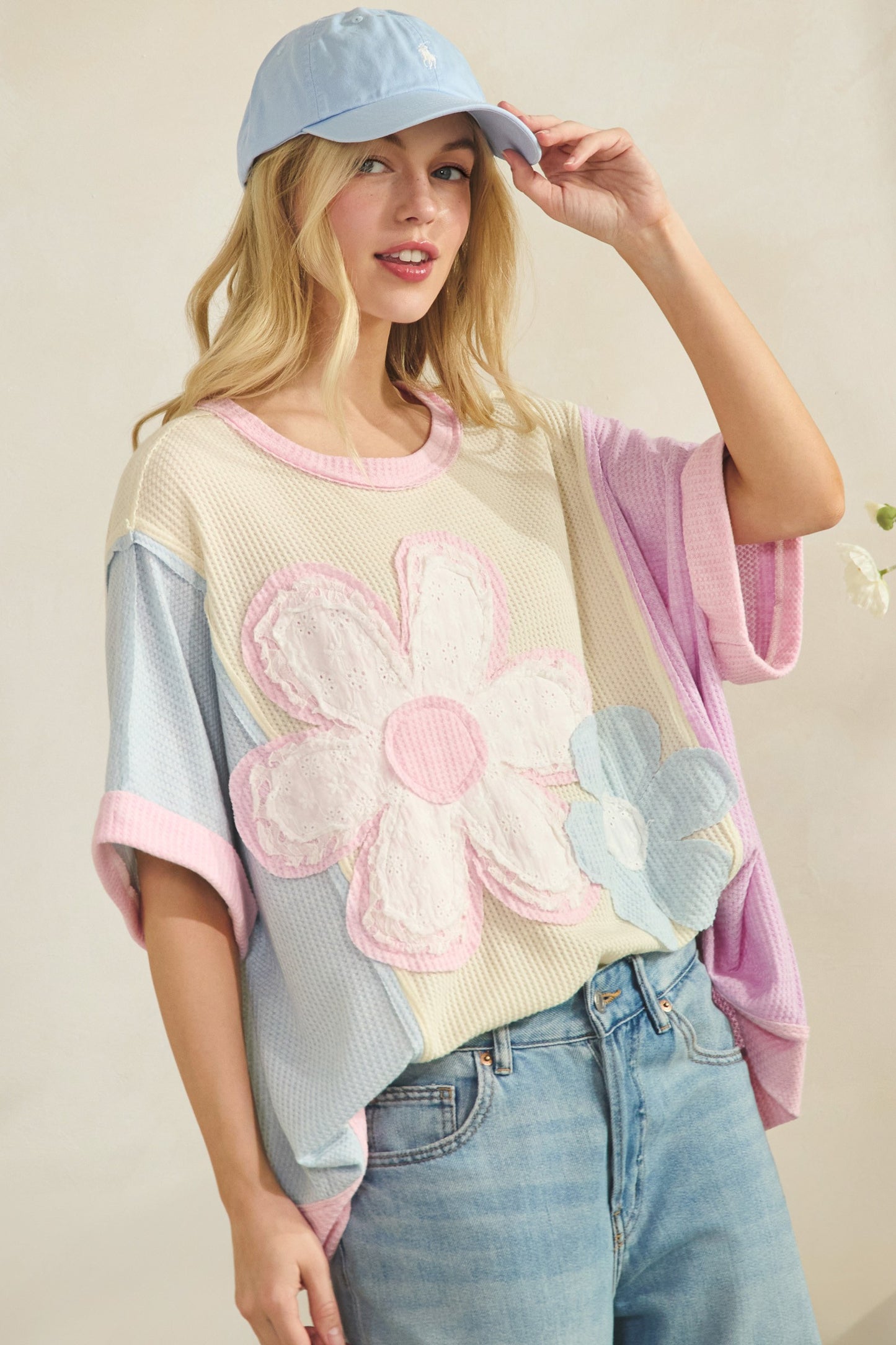 Waffle Knit Patch Daisy Floral Block Tee