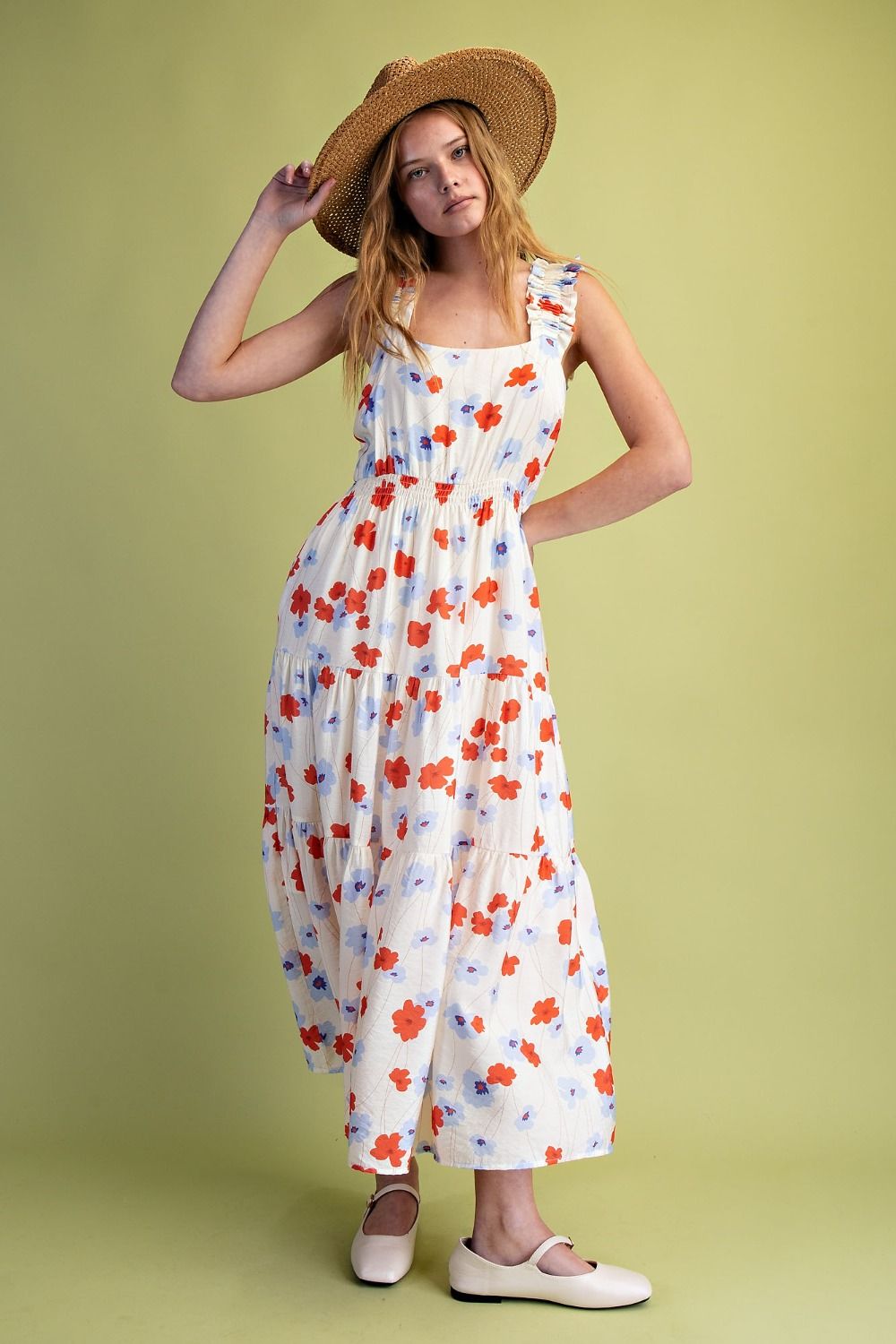 FLORAL PRINTED TIERED MIDI DRESS