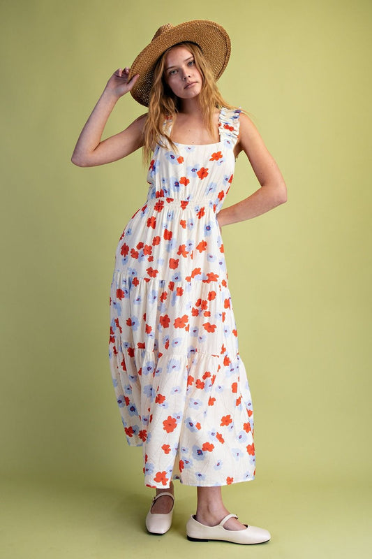 FLORAL PRINTED TIERED MIDI DRESS