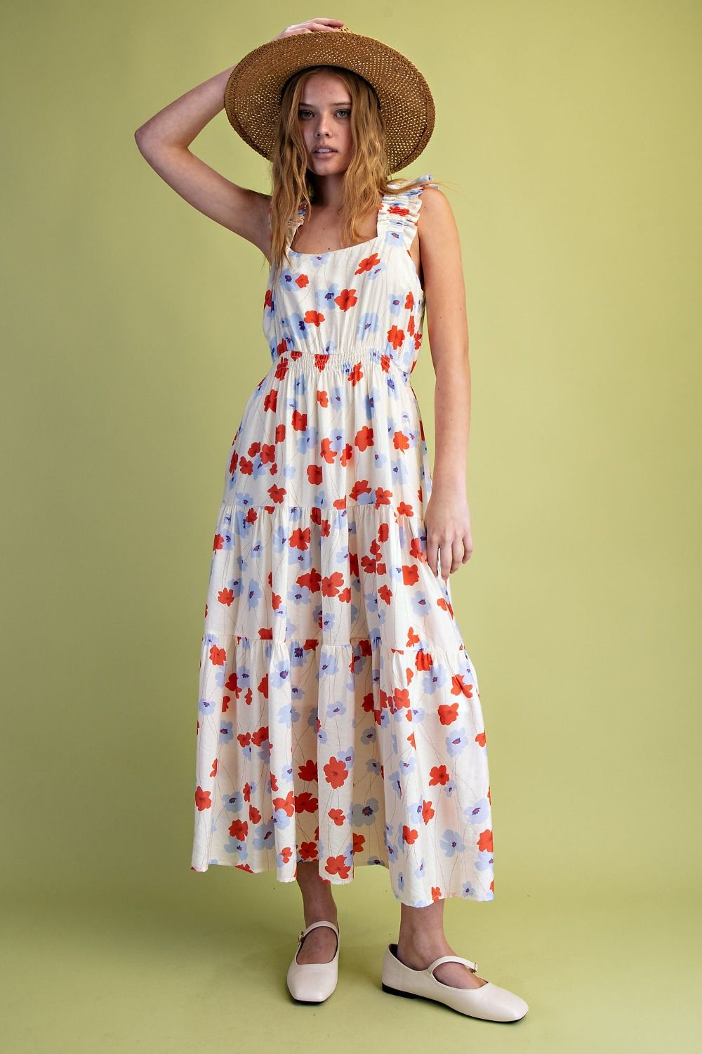 FLORAL PRINTED TIERED MIDI DRESS