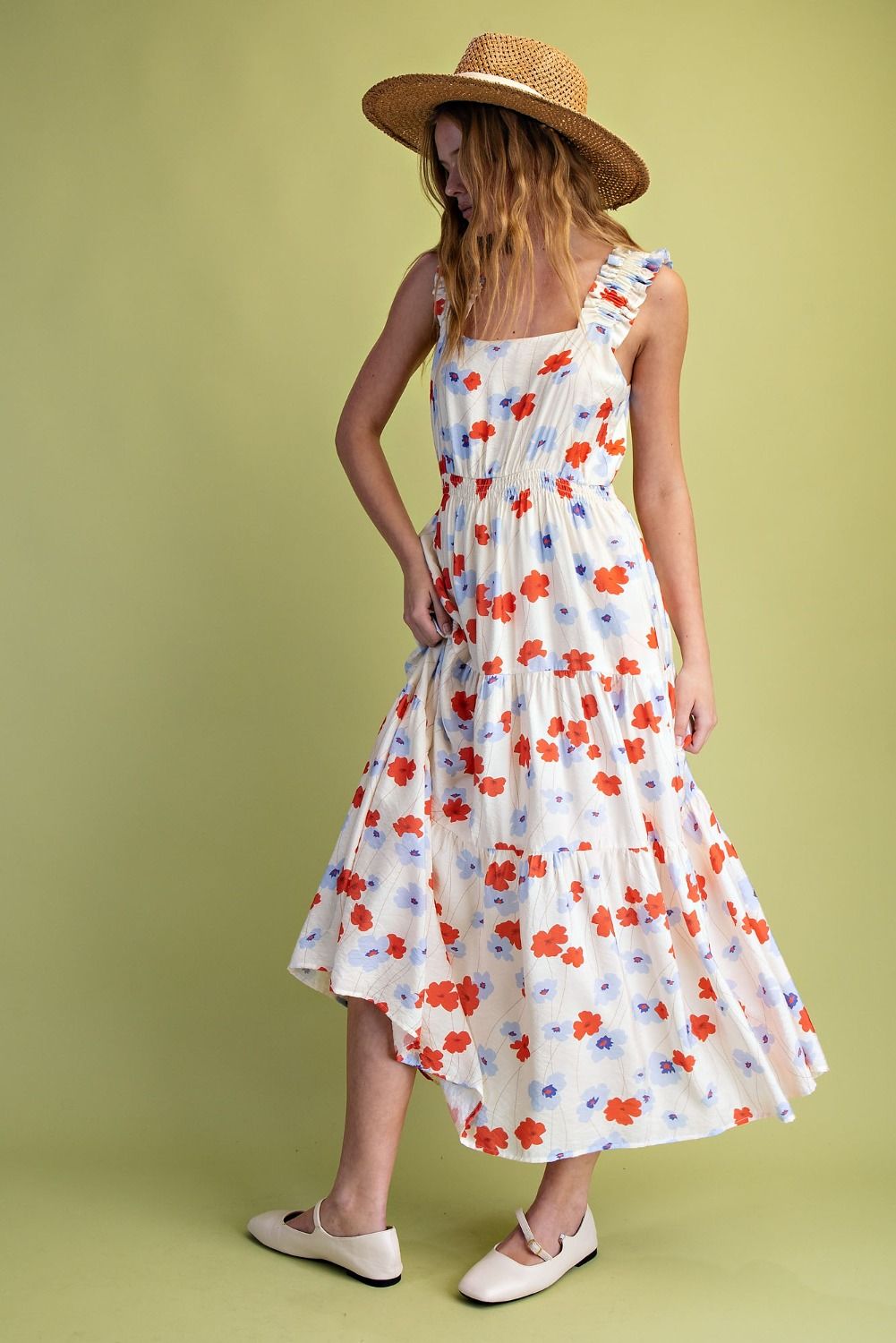 FLORAL PRINTED TIERED MIDI DRESS