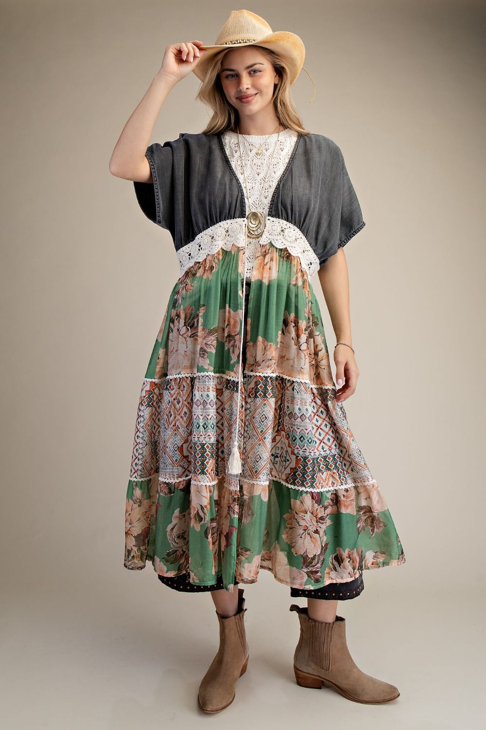 DARK DENIM MIX PRINT BOTTOM KIMONO