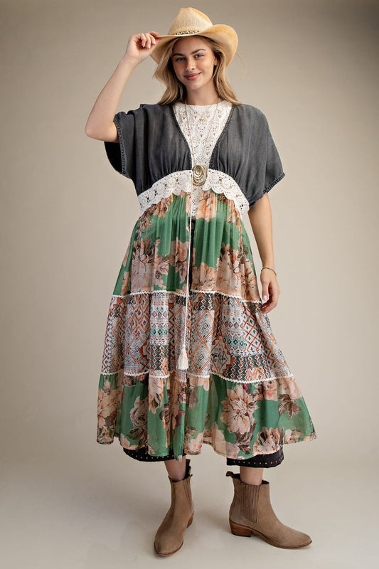 DARK DENIM MIX PRINT BOTTOM KIMONO