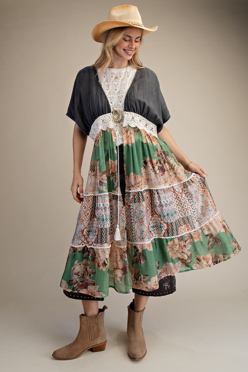 DARK DENIM MIX PRINT BOTTOM KIMONO