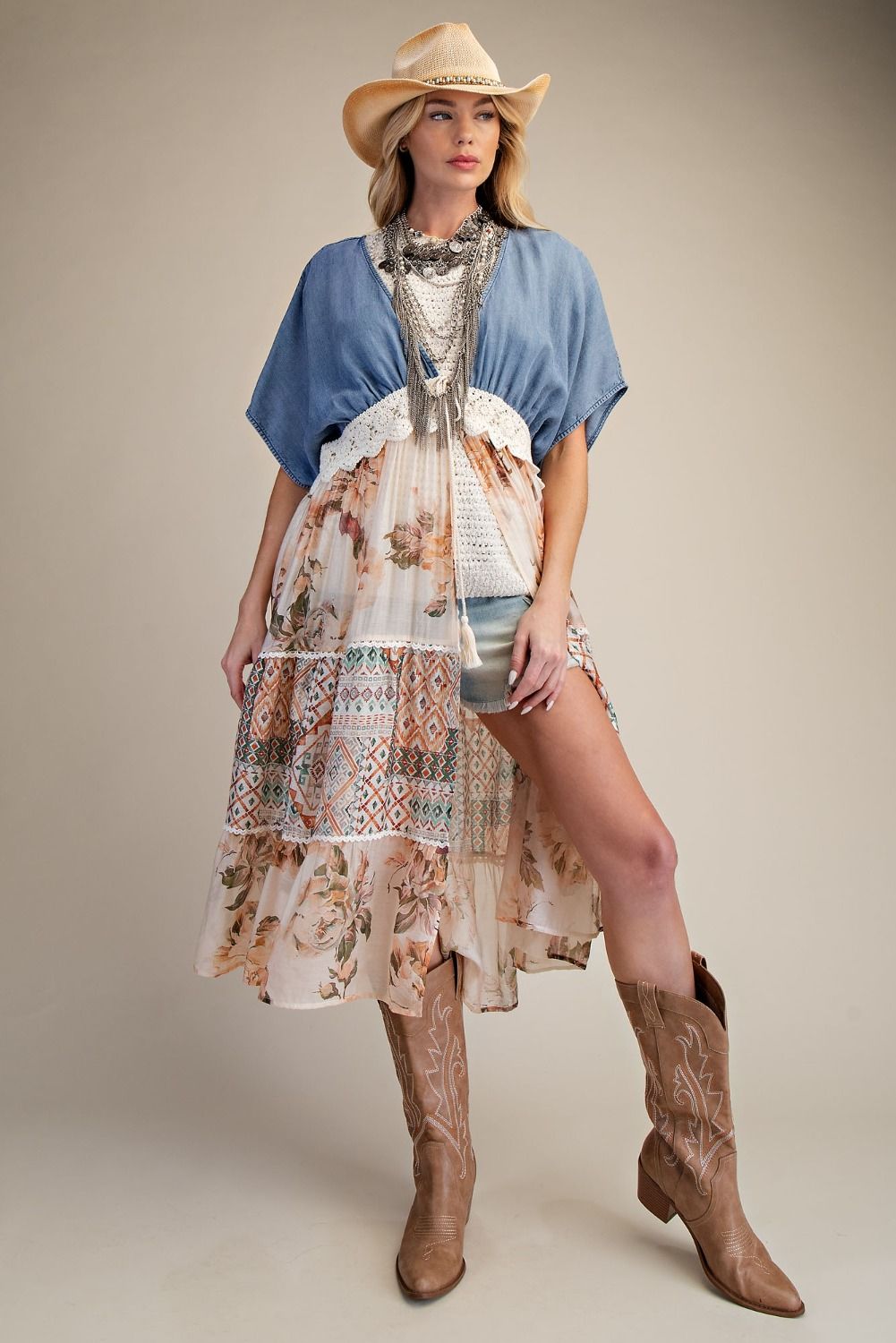DENIM MIX PRINT BOTTOM KIMONO