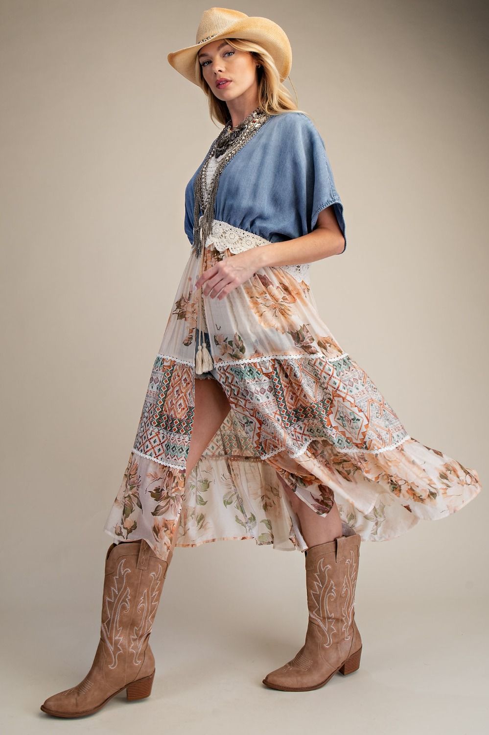 DENIM MIX PRINT BOTTOM KIMONO