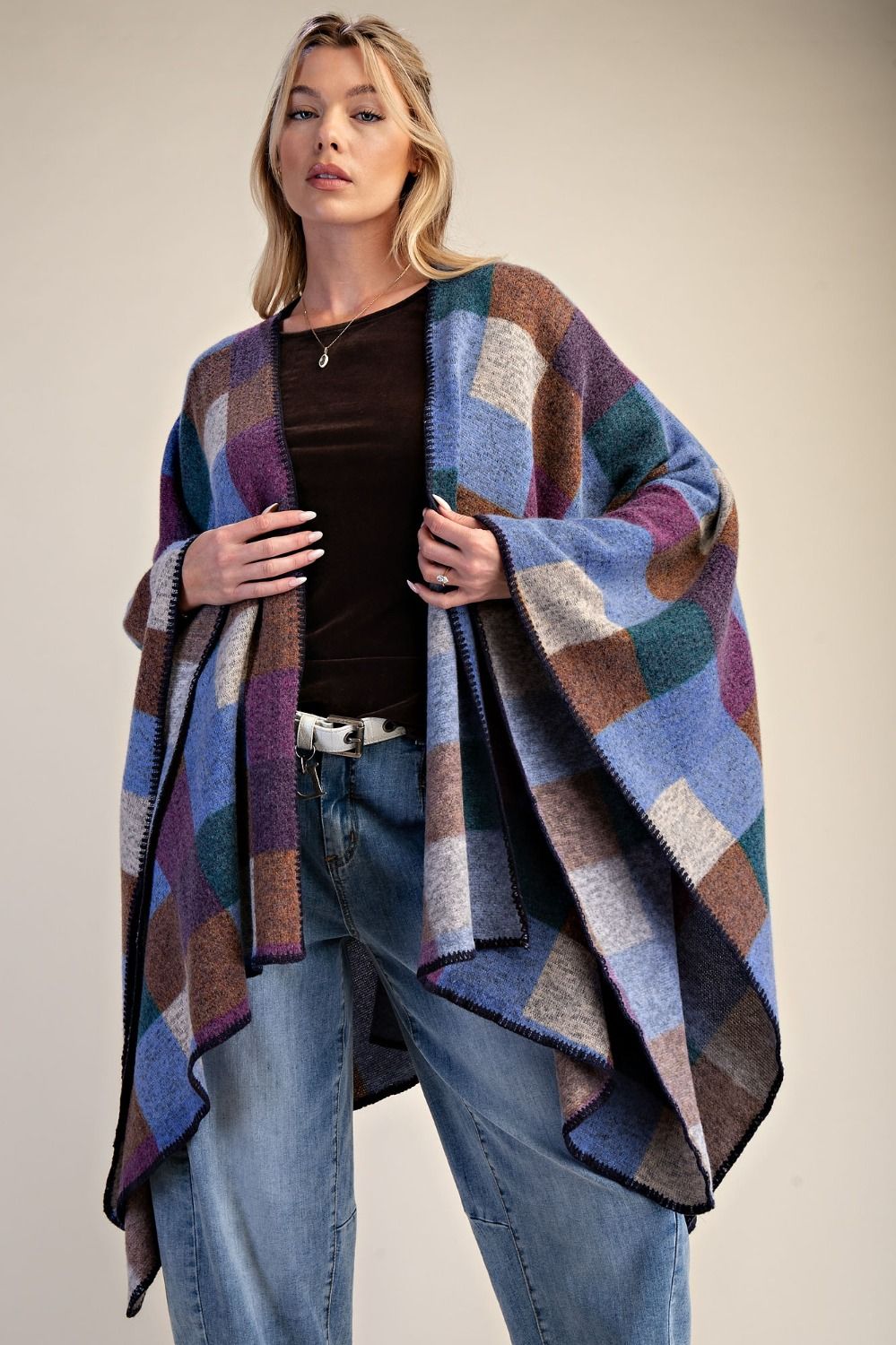PLAID PATTERN BRUSHED HACCI OVERSIZED CAPE