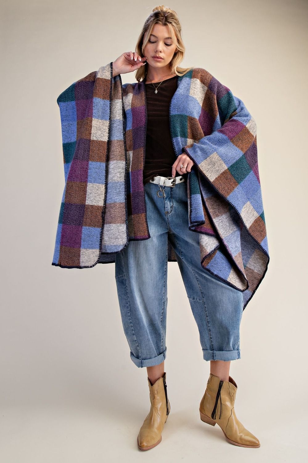 PLAID PATTERN BRUSHED HACCI OVERSIZED CAPE