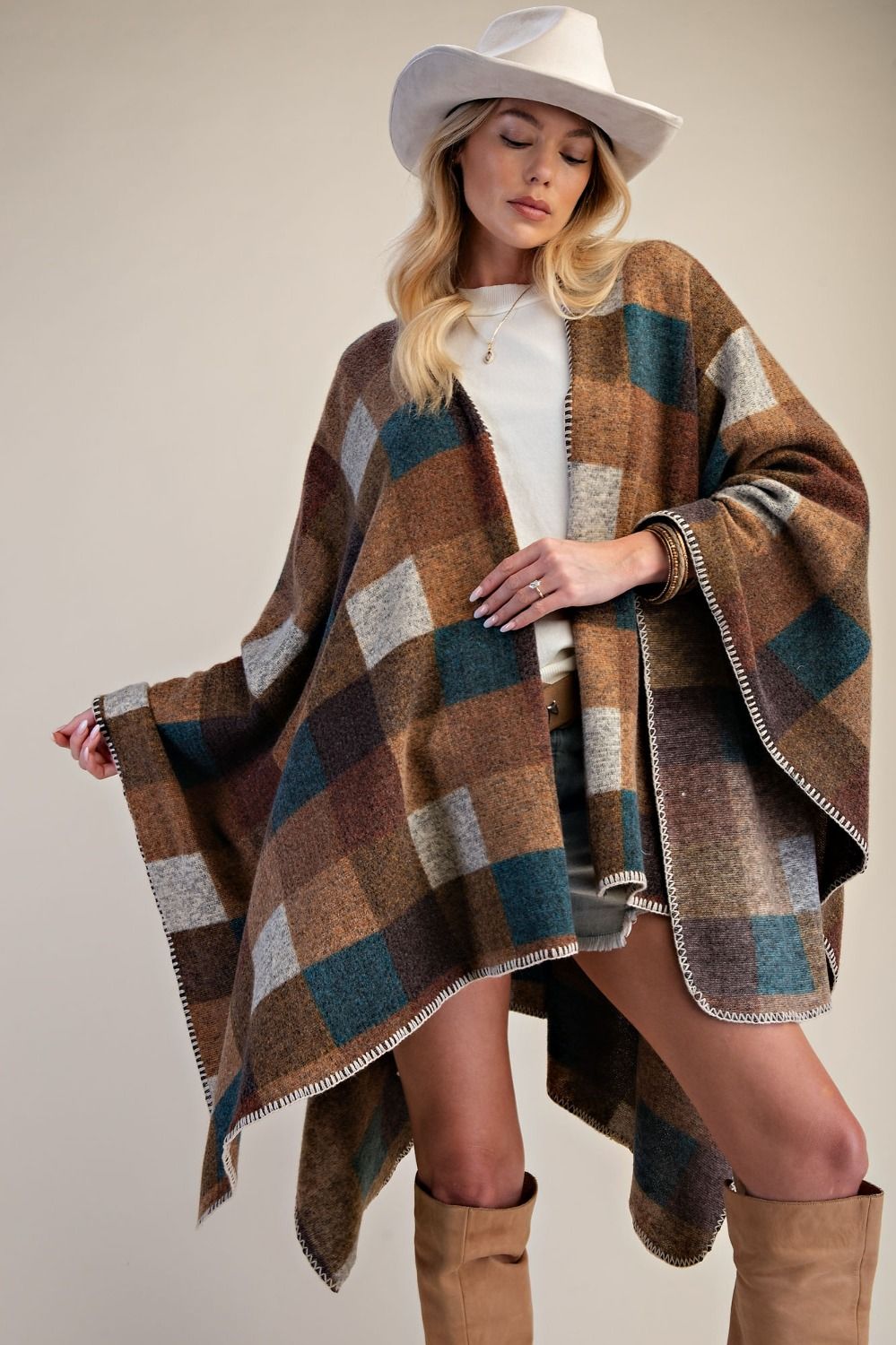 PLAID PATTERN BRUSHED HACCI OVERSIZED CAPE