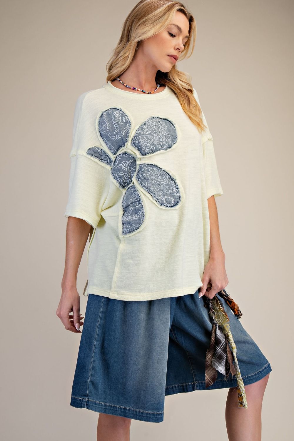 FLORAL PATCH WASHED COTTON BOXY TOP