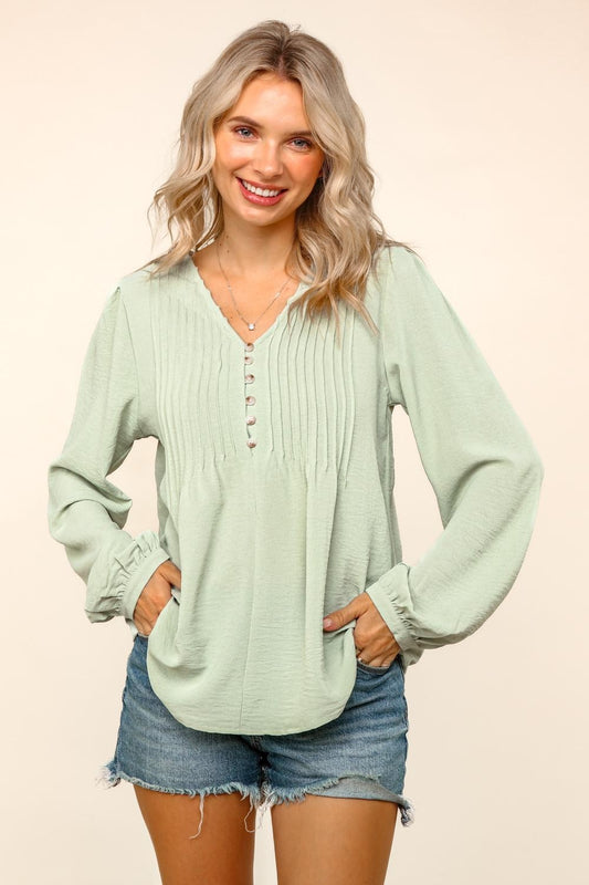 Solid V Neck Pin Tuck Buttoned Woven Blouse