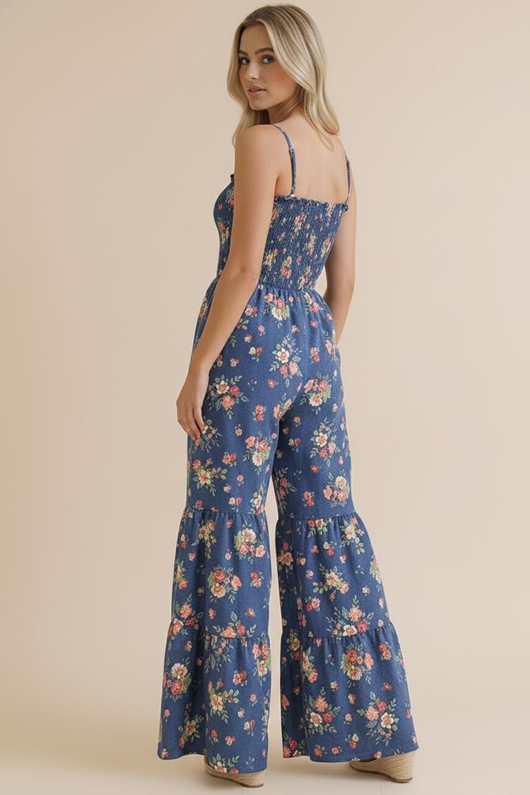 Strap Shoulder Smocking Floral Jumpsuit