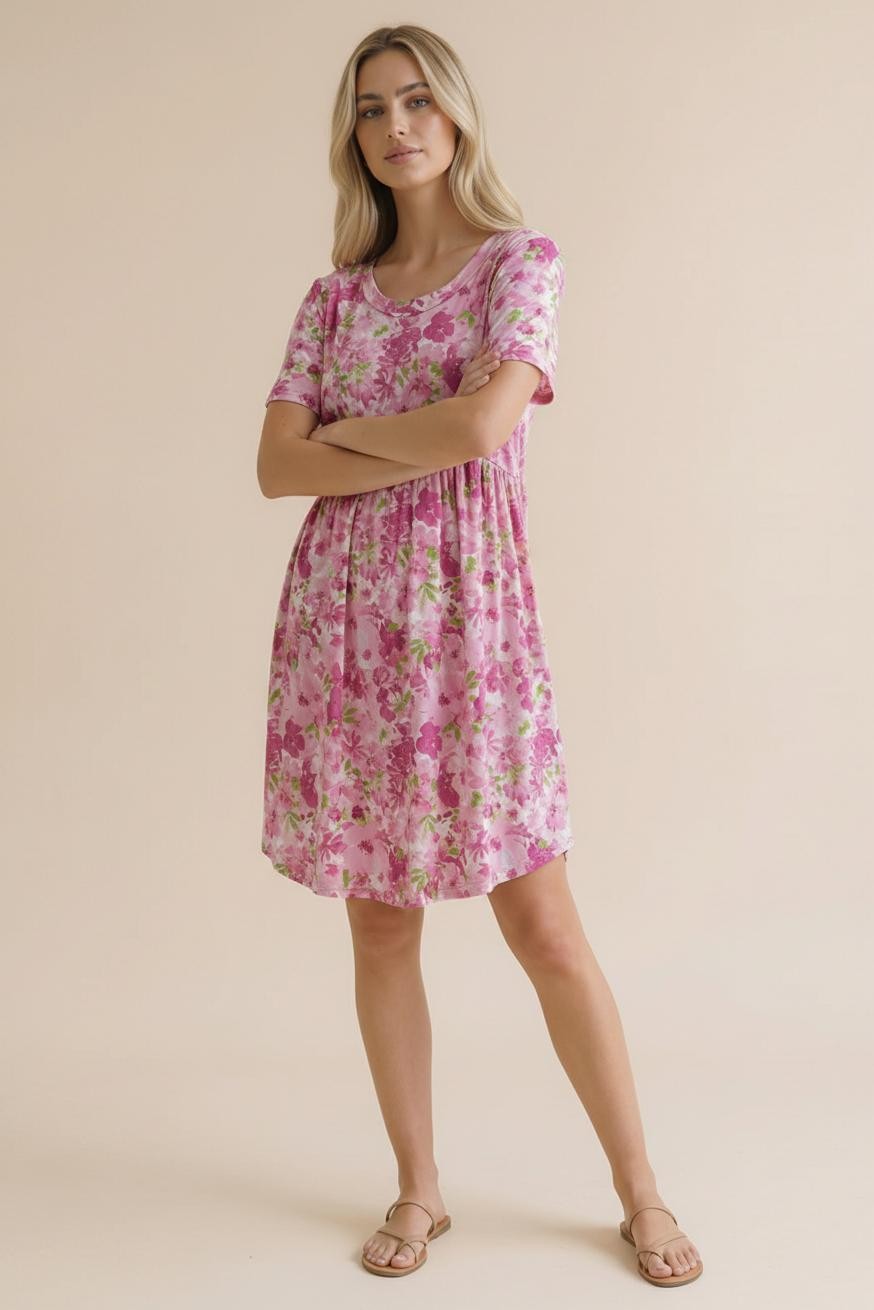 Round Neck Short Sleeve Babydoll Floral Dress