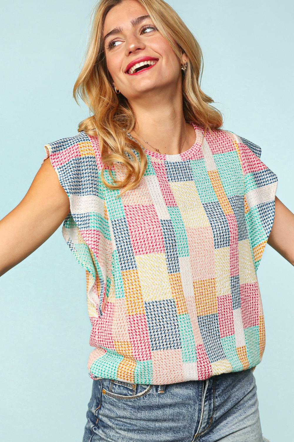 Curvy Multi Color Block Ruffle Short Sleeve Knit