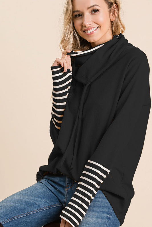 Brushed Double Cowl Neck Top With Stripe Cuffs