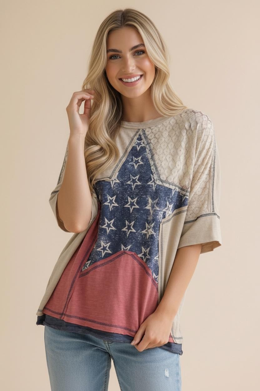 Short Sleeve Star Patchwork With Lace Top