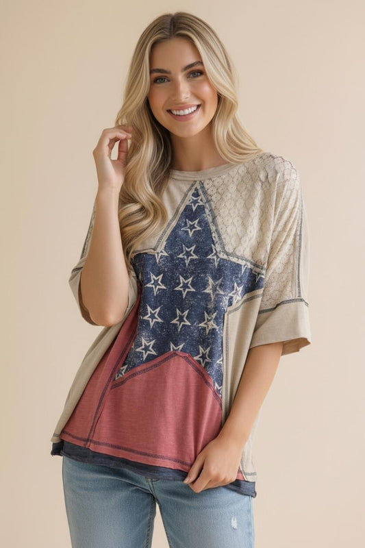 Short Sleeve Star Patchwork With Lace Top