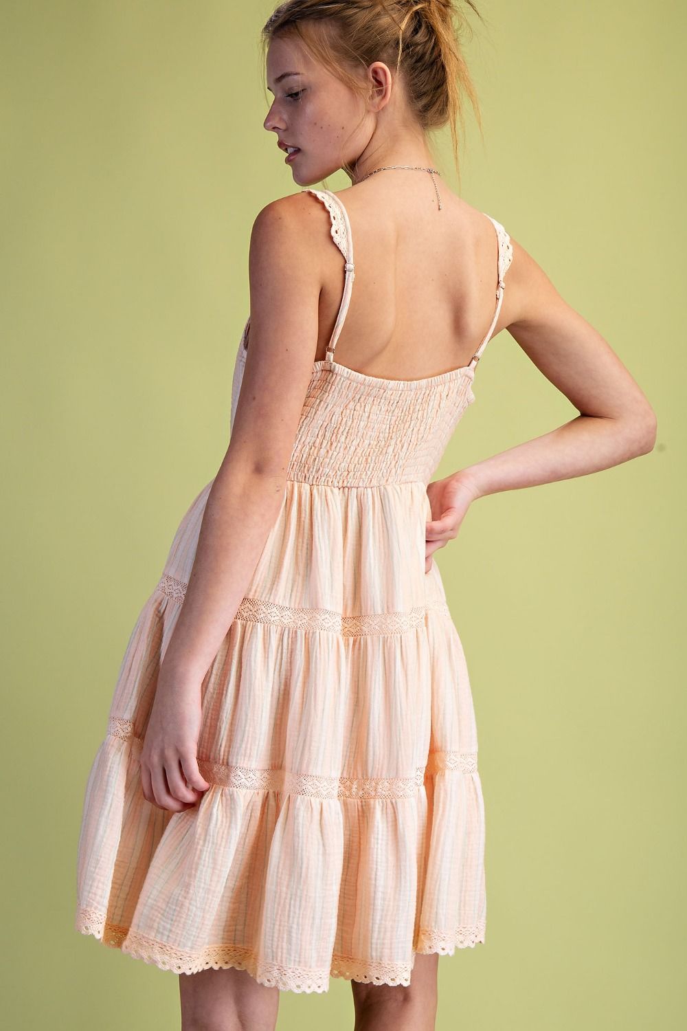 STRIPED COTTON GAUZE TIERED DRESS