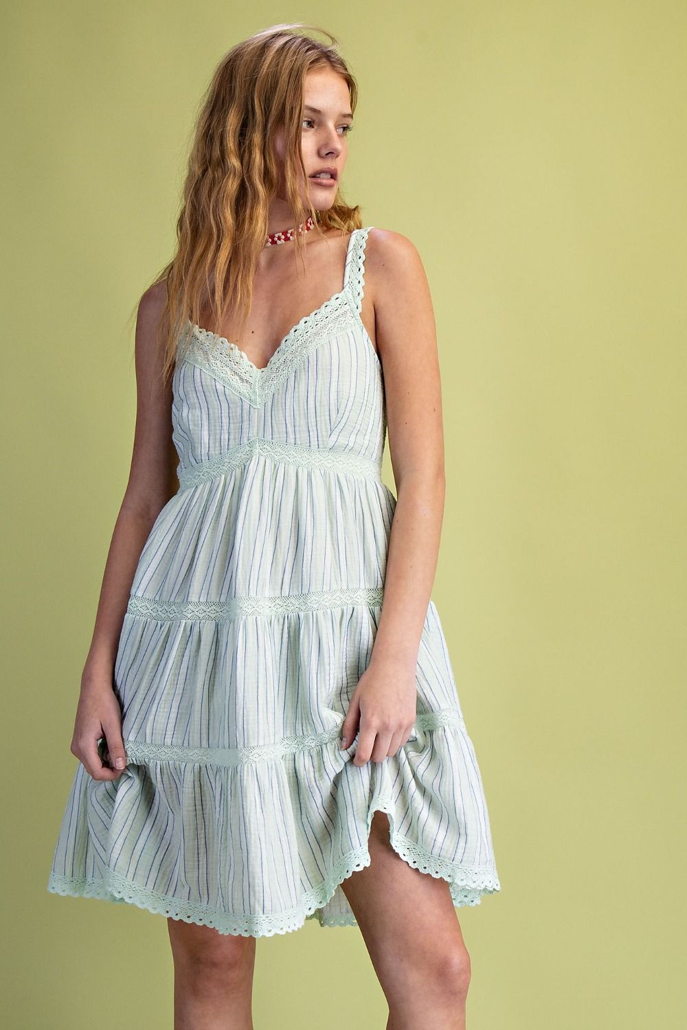 STRIPED COTTON GAUZE TIERED DRESS